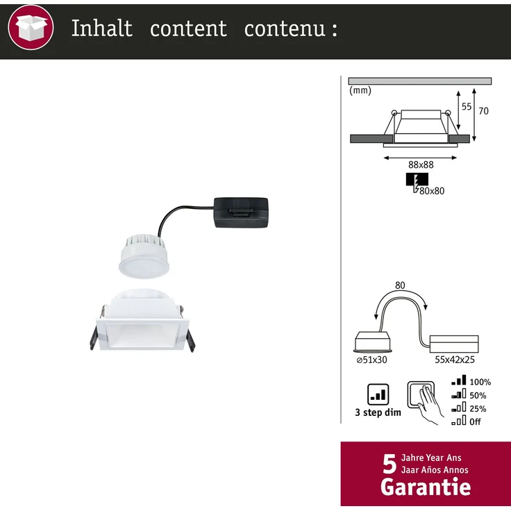 LED Einbauleuchte 3-Step-Dim Cole Coin 1er-Set IP44 eckig 88x88mm Coin 6W 470lm 230V dimmbar 2700K Weiß – Bild 6