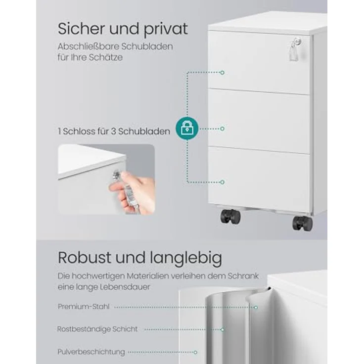 SONGMICS Schubladenschrank, Rollcontainer, mobiler Aktenschrank, Metallschrank, Druckertisch, abschließbar, 3 Schubladen, vormontiert, Büro, Homeoffice, 40 x 30 x 54 cm, mattweiß OFC079W01 – Bild 6
