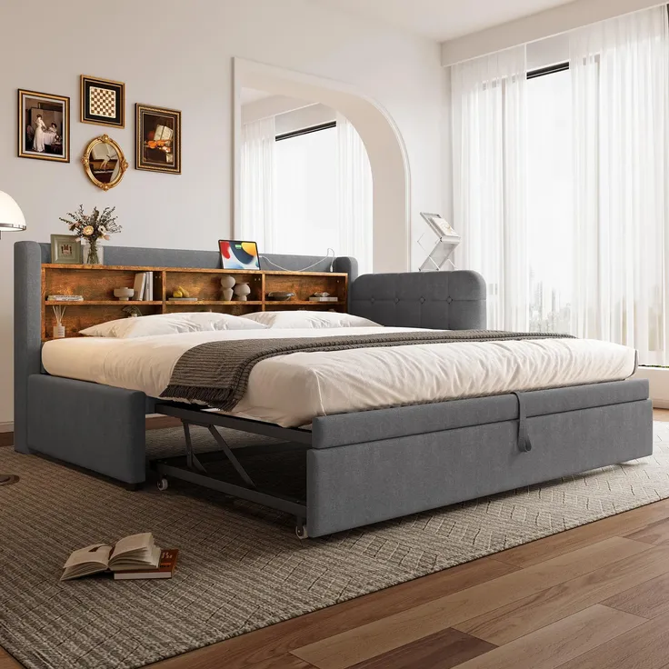 Stauraumbett mit Lattenrost, Regal, USB und Type-C Anschluss, 90x200cm/180x200cm, Liegefläche erweiterbar, Einzelbett, Polsterbett, Leinen – Bild 3