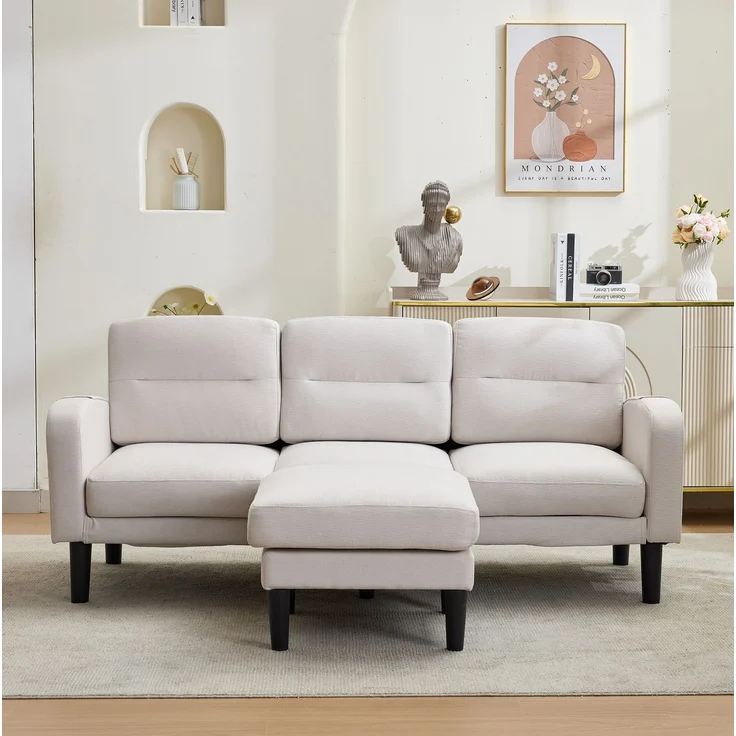 DESVIAE Sofa 3-Sitzer mit Chaiselongue und Seitentaschen 204x80x136 cm Vliesstoff Beige – Bild 1