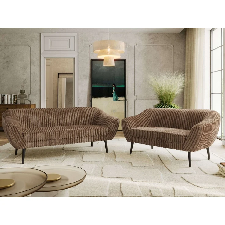 Skandinavisches Sofa Set PIRS 3-2, Komplettset, Wellenfederung, schwarze Füße, Sitzgruppe, Polstermöbel Set - Braun Cord – Bild 1