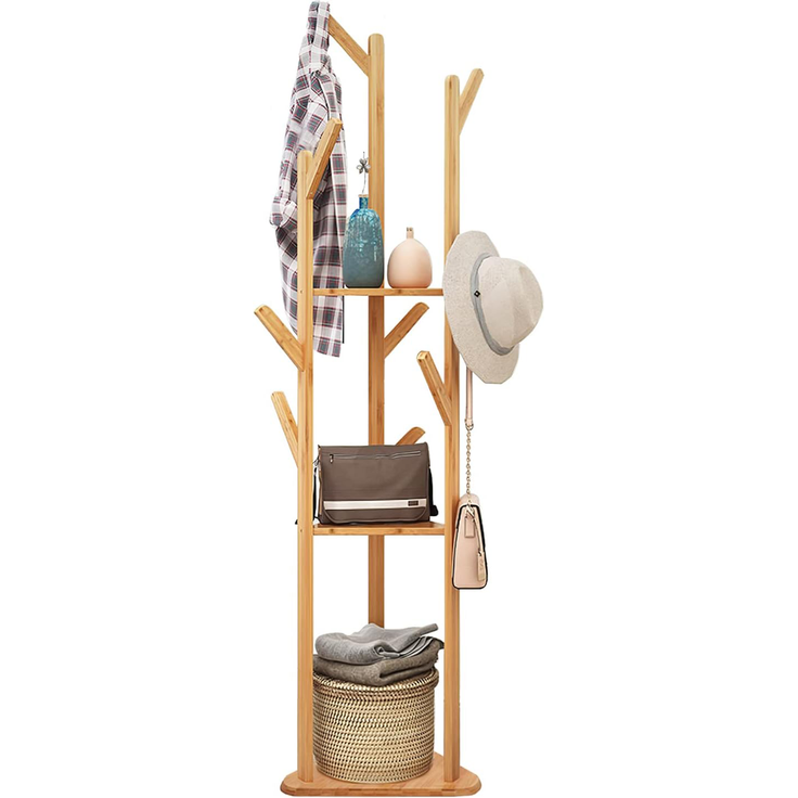 UNHO Kleiderständer Garderobenständer in Baumform Standgarderobe Bambus Beige 40 x 40 x 170 cm