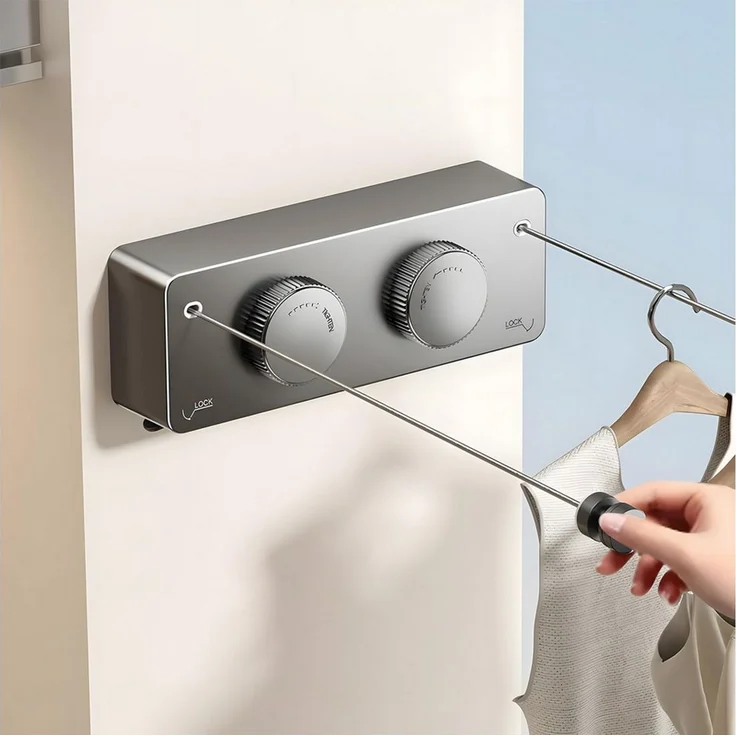 AIMAX Wand-Wäscheleine Wäscheleine Ausziehbar ohne Bohren Wandmontage Balkon 4.2m Edelstahl, Durchhängfrei Wäscheleine Einziehbare für Badezimmer, Waschküche Hotel – Bild 3