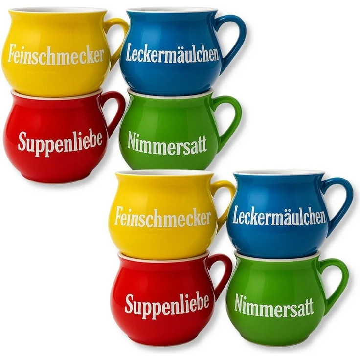 BURI Suppentassen 8er-Set aus Keramik | Bunte Henkel-Schüsseln mit Sprüchen | 400 ml | Spülmaschinenfest & mikrowellengeeignet | Mediterraner Stil – Bild 1