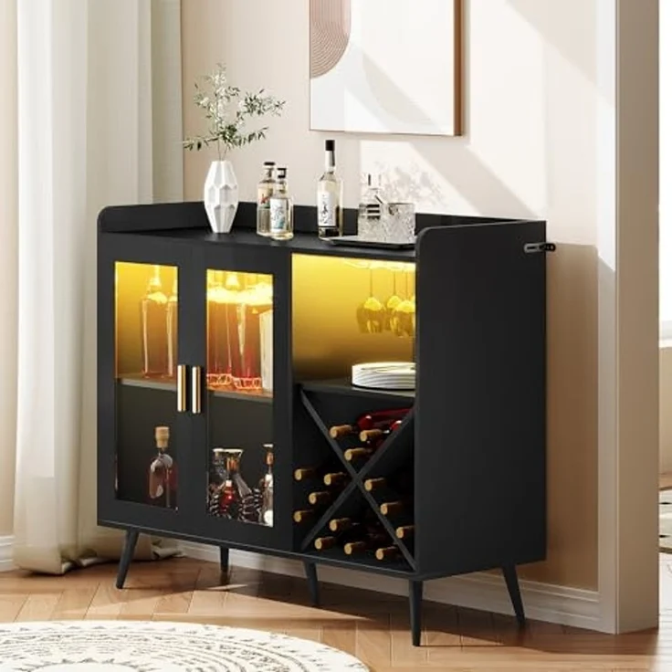 YITAHOME Barschrank mit verstellbaren LED-Lichtern, Kaffeebar mit Weinregal & Haken & Acryl-Türschrank, Küche Buffet Sideboard für Home Bar/Esszimmer/Wohnzimmer, Schwarz – Bild 4