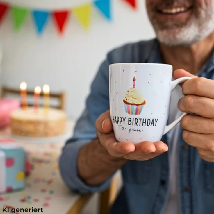 9502241 Kaffeebecher/Tasse aus Porzellan, Motiv: Happy Birthday. Größe H/Ø: 9,8 x 8,2 cm, Fassungsvermögen 250 ml, Spülmaschinengeeignet. – Bild 2