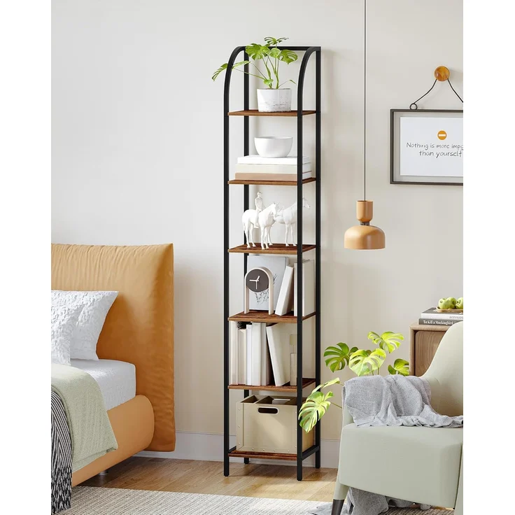 Bücherregal, 6 Ebenen Standregal, DVD-Regal, Schmale Regale, Offenes Regal, Industriestil, Metallrahmen, Geeignet für Arbeitszimmer, Wohnzimmer, Schlafzimmer, Küche, Braun – Bild 4