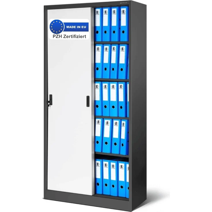 Aktenschrank abschließbar ROLF - Schiebetüren, 5 Ebenen | Büroschrank aus Stahl Metallschrank Werkstatt Mehrzweckschrank Werkzeugschrank, 185x90x40cm Anthrazit-Weiß – Bild 1