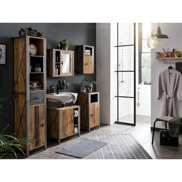Badset Detroit 5teilig mit Spiegelschrank aus recycelter Pinie mit Metall grau