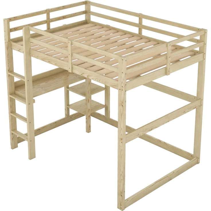 Hochbett 140x200 cm mit Schreibtisch und 4 Ablagefächern, Kinderbett Doppelbett aus massivem Kiefernholz,mit Stauraum,Natur – Bild 7