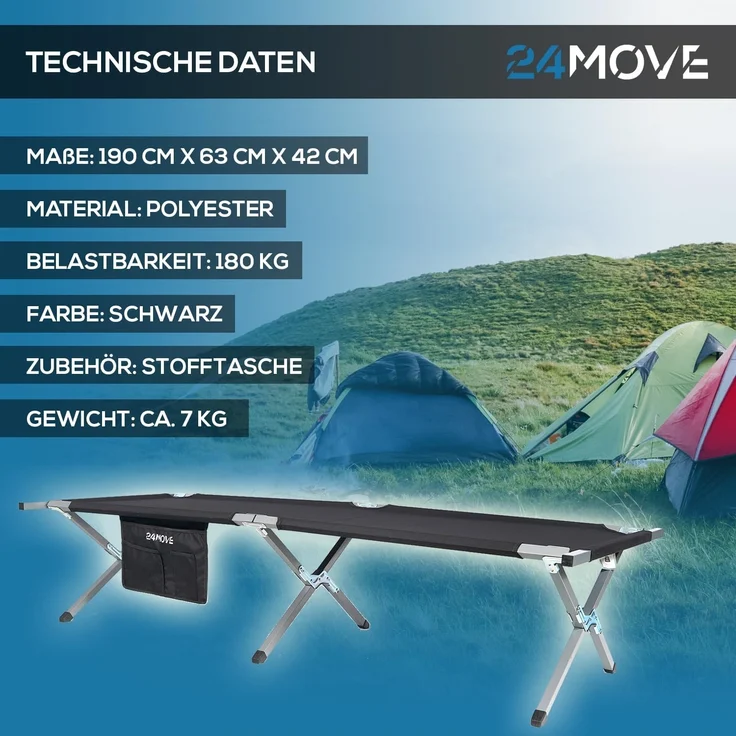 24Move Feldbett Feldbett, Gartenliege, Campingbett bis 180 kg, klappbar, zelten (schwarz, wasserabweisend, inkl. Seitentasche, 190 cm x 63 cm x 42 cm, inkl. Tragetasche für einfachen Transport) – Bild 9