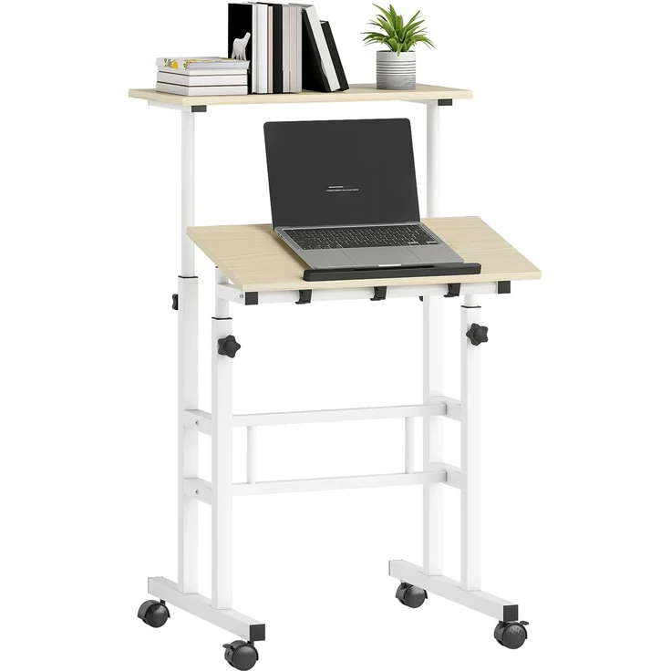 MELAYR, Sitz-Steh-Schreibtisch, höhenverstellbarer Schreibtisch 60 x 60 cm mit Rollen, neigbarer Tischplatte, Naturholz – Bild 1