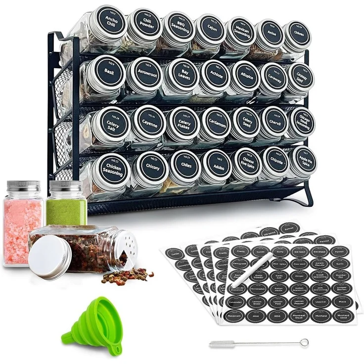 PFCTART Organizer Vierstöckiges Netzregal für die Wandmontage perforiert Gewürzregal (Set, 1 St, Mit Trichteretikett Pinsel weißer Stift), Küchenschrank 28 Gewürzflaschen – Bild 1