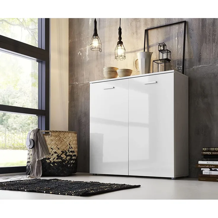 BMG Möbel Schubladen Kommode Sideboard Anrichte Marbella in Hochglanz Weiß - Höhe 91cm, Breite 88cm, Tiefe 32cm … (2 Türen Model 1)