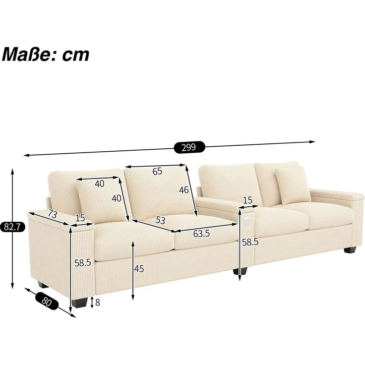 Big-Sofa mit Mehrfachsteckdosen und Stauraum, USB und Type-C, 4-Sitzer, inkl. loser Rückenkissen, Cord Bezug – Bild 5