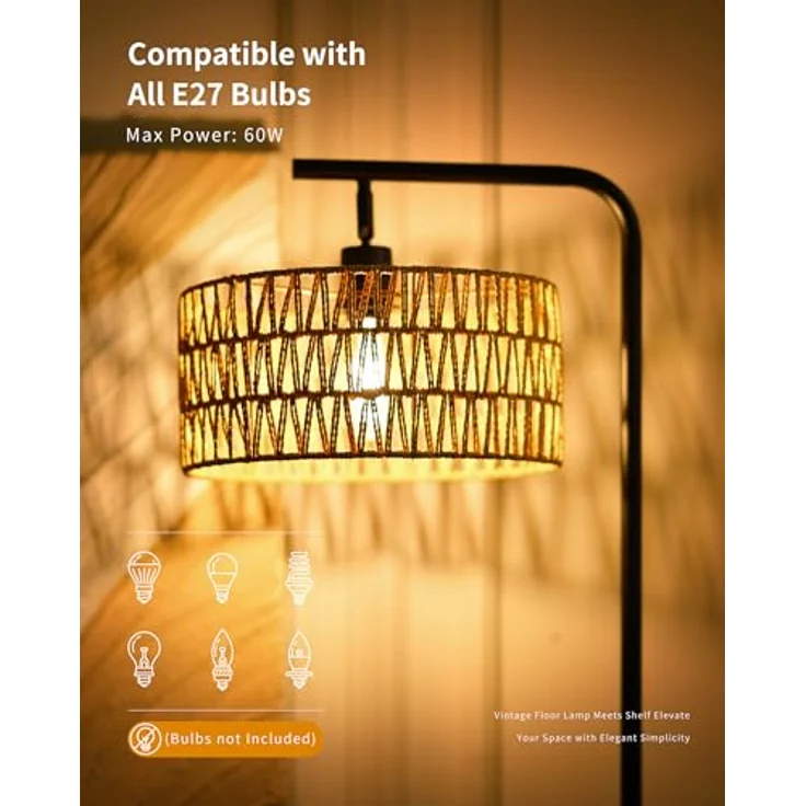 LuminexDesigns Rattan Stehlampe Boho für Wohnzimmer, Vintage Rustic E27 Stehleuchte Schlafzimmer mit Doppel-Lampenschirm, 173 cm Hoch, Schwarz, Schwer Standfuß, Verstellbarer Lampenkopf, Fußschalter – Bild 6