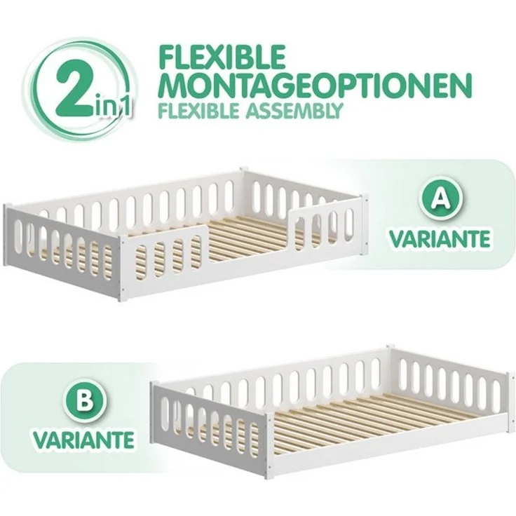CADANI 2in1 Monte Bodenbett 120x200 cm Montessori Kinderbett weiß, Rausfallschutz abnehmbar, 42 kg schwer, bis 200 kg belastbar, extra starker Roll-Lattenrost, umbaubar – Bild 4