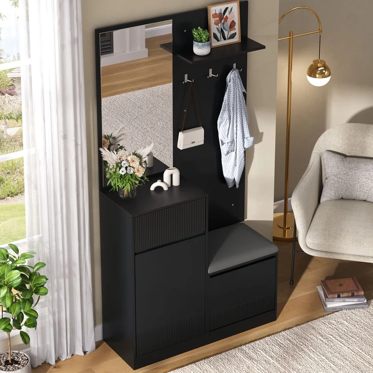 DESVIAE Garderobenschrank Kompaktgarderobe Schwarz aus MDF/Spanplatte – 105x190x38 cm – LED-Beleuchtung – Bild 6