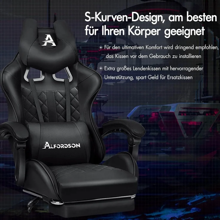 ALFORDSON Gaming-Bürostuhl mit Fußstütze und Lendenkissen, Schwarz Ethan – Bild 4