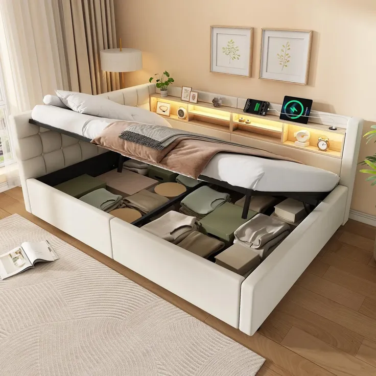 Polsterbett mit LED-Streifen, Lattenrost, Regal, Aufbewahrung, Type-C und USB, gepolsterter Kopfteil, 140x200 cm, Schlafsofa, Tagesbett, Leinen
