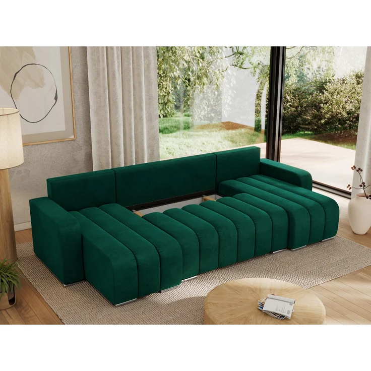 U-förmiges Ecksofa mit Schlaffunktion und Bettkasten, Couch U-form - KIRASSO U - DunkelGrün Velours – Bild 5