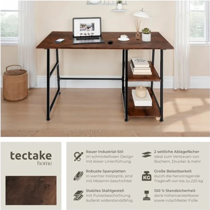 tectake Schreibtisch Computertisch Paisley 120x50x73,5cm (1-St, 1 tlg), Rustikaler Schreibtisch im schnörkellosen Industrial Style – Bild 5