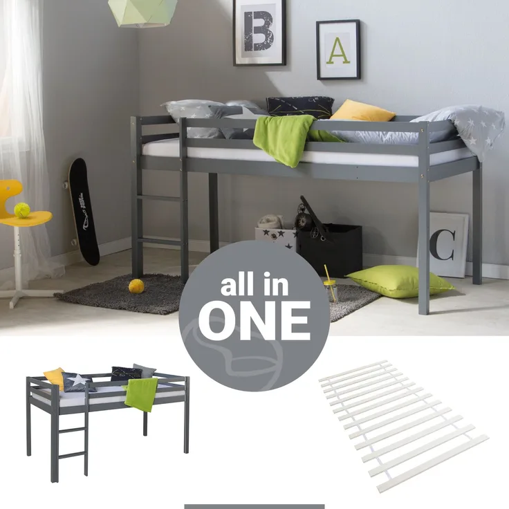 Hochbett mit Lattenrost Leiter 90x200 cm Kinderbett Grau Holz Kiefer Massiv Stockbett