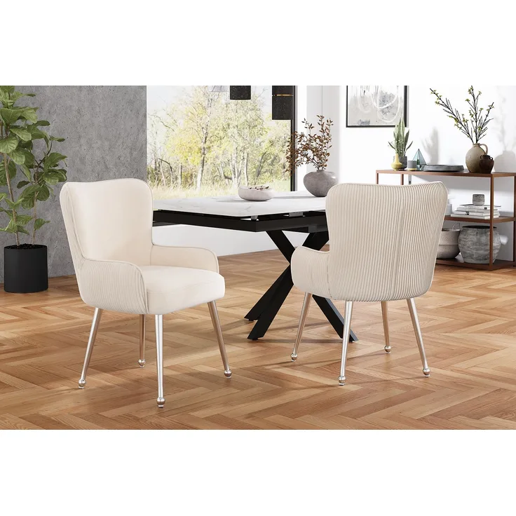 2er-Set Samt-Esszimmerstühle mit Armlehnen, beige/silber, 53x57x83 cm