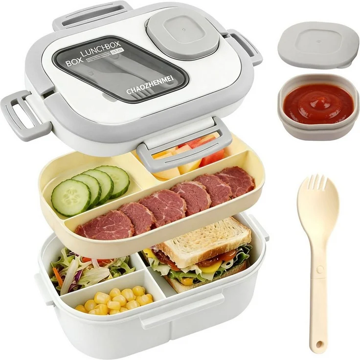 Diwzbyn Lunchbox Bento Box Lunchbox 2-stufig, 6 Fächer, Auslaufsicher, BPA-frei, Mit Saucenbehälter & Besteck, mikrowellengeeignet, 1200 ml – Bild 1