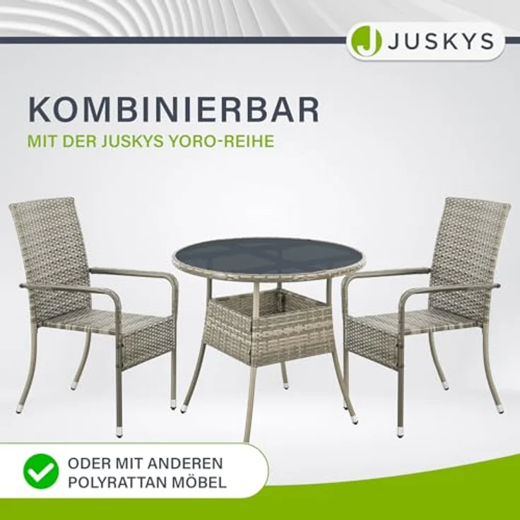 Juskys Polyrattan Gartentisch Yoro wetterfest - Balkontisch Ø 80 cm rund - Rattan Beistelltisch mit Glasplatte - kleiner Tisch für Balkon - Grau – Bild 6
