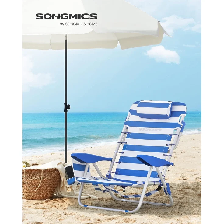 SONGMICS Strandstuhl, faltbar mit Schultergurt, verstellbarer Rückenlehne & Kopfstütze, Blau / Weiß – Bild 3