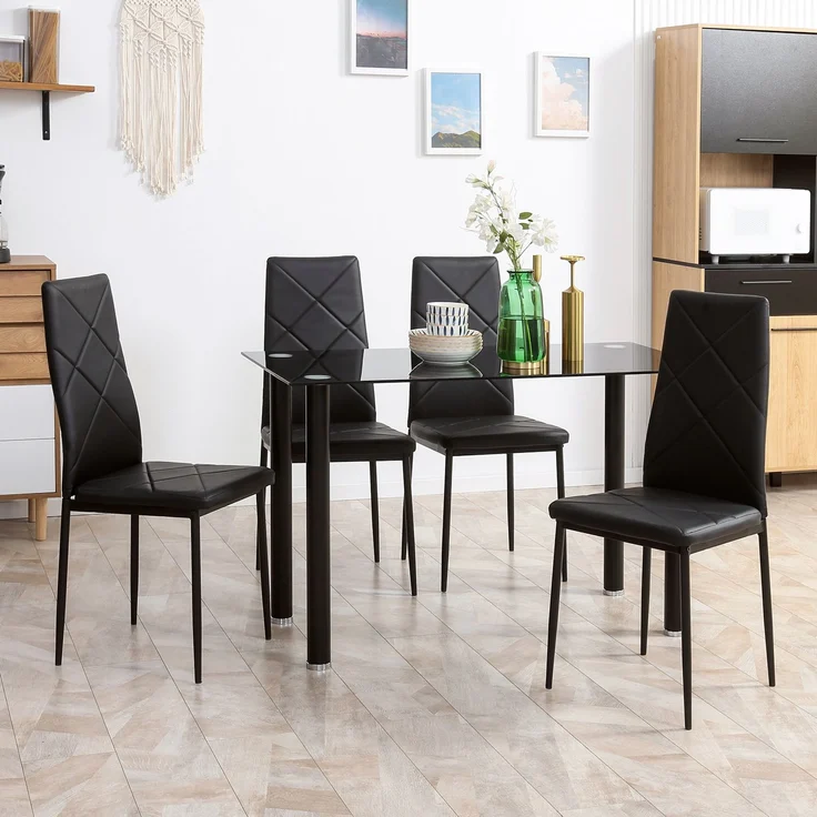 Rayofly-Essgruppe, Esstisch + 4 Stühle, gehärtete Glasplatte, Stahlbeine, Küche Wohnzimmer, schwarz, H 750cm x T 1200cm x B 600cm – Bild 4