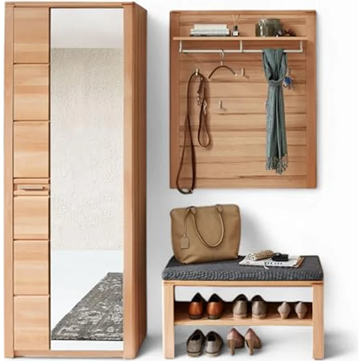 Stella Trading Nature ONE Flurgarderoben Set in Kernbuche Teil-massiv FSC-Zertifiziert - Modernes Garderobenset 3-teilig für Ihren Eingangsbereich - 179 x 201 x 40 cm (B/H/T) – Bild 2