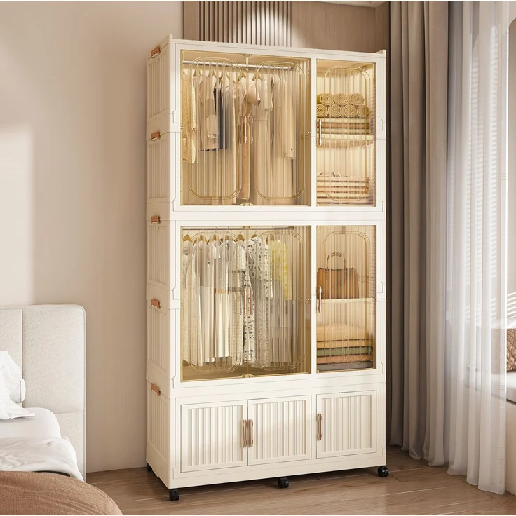 Kleiderschrank aus Kunststoff mit 9 Magnettüren und Rollen, faltbar, 92×45×196 cm, cremeweiß – Bild 3