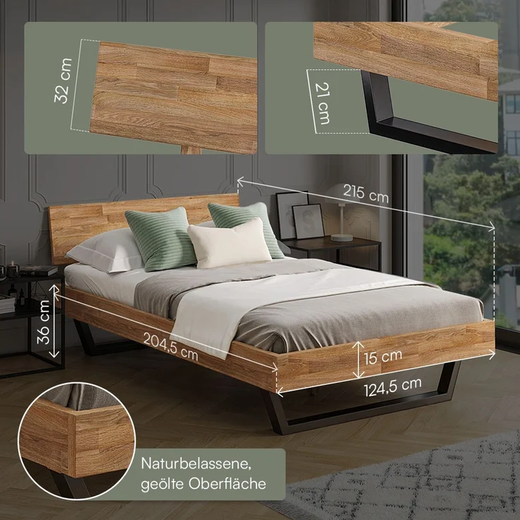skølm 'Alver' Bett 120x200 cm, Bettgestell, natur geölt, Massivholzbett aus Eiche mit Metallkufen, Doppelbett mit durchgehendem Bettkopf – Bild 6