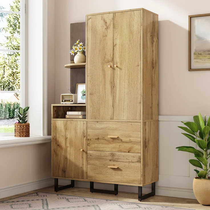 Kompaktgarderobe Holz Schwarz mit Soft-Close, Ausziehstange, Stoffpaneelen, Schubladen, modernem Flur-Organizer – Bild 1