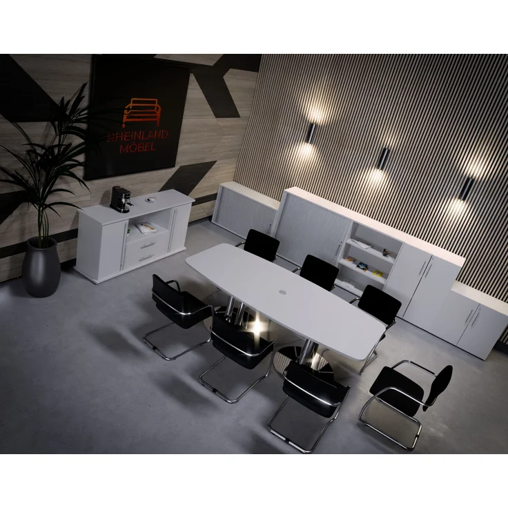 Rheinland Möbel Konferenztisch KONTI 220x103 cm – ovaler Besprechungstisch in Grau mit verchromten Säulenfüßen & Kabelauslass, Meetingtisch für 6–8 Personen, moderner XXL-Tisch fürs Büro & Besprechungsraum – Bild 4