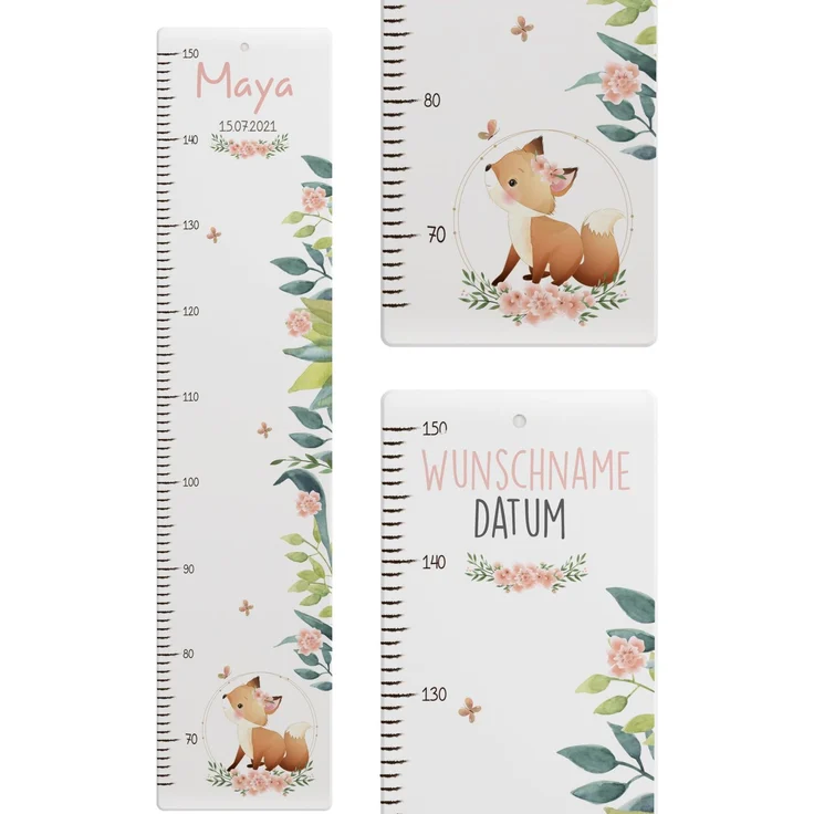 Kidsmood - Personalisierte Messlatte Kinder aus Aluverbund – Hochwertige Messleiste & Wand-Deko für Kinderzimmer mit abenteuerlichem Fuchs – Tolles Taufgeschenk für Mädchen & Jungen - Skala 65-140cm