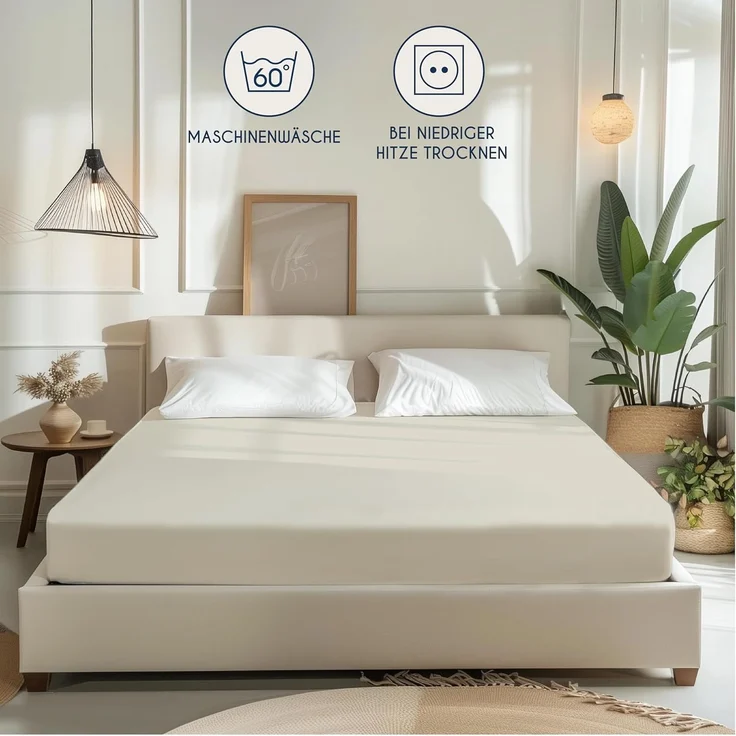 Dreamzie - Spannbettlaken 180x200 cm - Baumwolle Oeko Tex Zertifiziert - Beige - 100% Jersey Spannbettlaken 180x200 cm Baumwolle – Bild 6