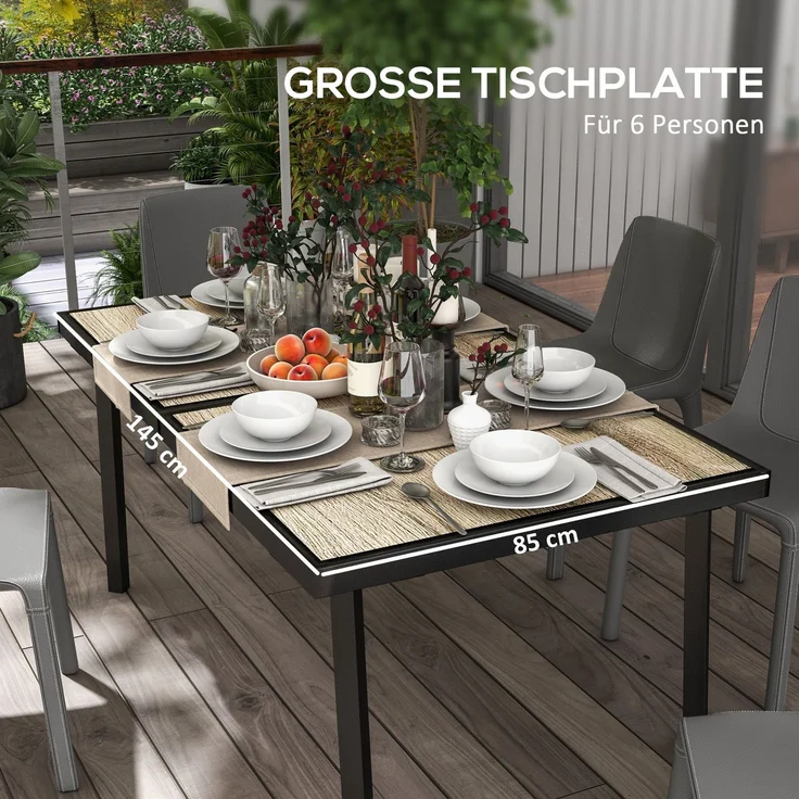 Gartentisch 145x85x72 cm, rechteckiger Esstisch in Holzoptik mit Stahlgestell, grau, für bis zu 6 Personen – Bild 8