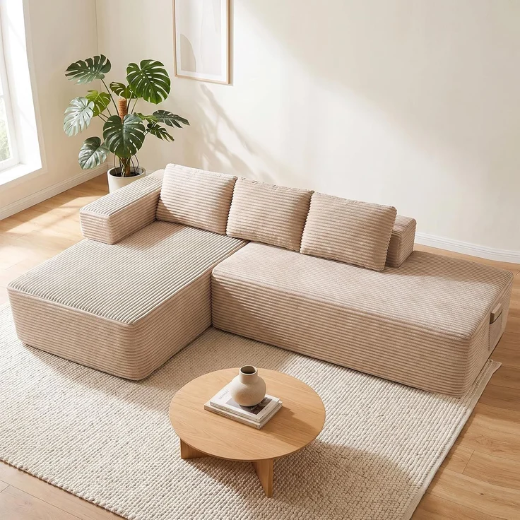 COMHOMA Ecksofa mit Schlaffunktion, 255cm Corduroy Modulares Boneless Couch mit Chaiselongue & Rücken-Metallgestell, L-Form Schlafsofa mit offenem Design, Kissen & Seitentaschen,für Wohnzimmer, Beige-R – Bild 1