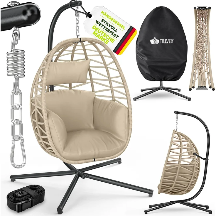 tillvex® Hängesessel mit Gestell Outdoor & wetterfester Abdeckung inkl. Befestigung | Hängekorb klappbar bis 150 kg | Hängesitz aus Rattan | Hängestuhl für Indoor Garten Balkon Terrasse – Bild 6