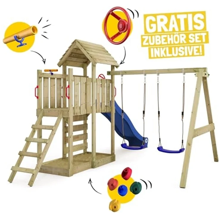 WICKEY Spielturm Klettergerüst MultiFlyer Holzdach mit Schaukel & grüner Rutsche, Kletterturm mit Holzdach, Sandkasten, Leiter & Spiel-Zubehör – Bild 2