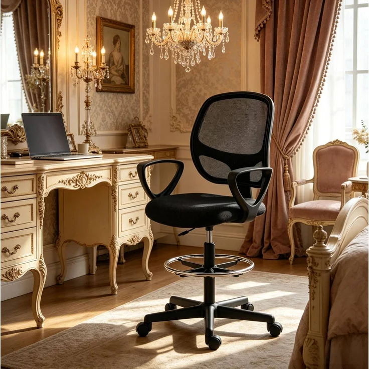 Bürostuhl mit Netzrücken, Fußring & höhenverstellbarem Sitz, 59x58x103-123 cm, Schwarz – Bild 1
