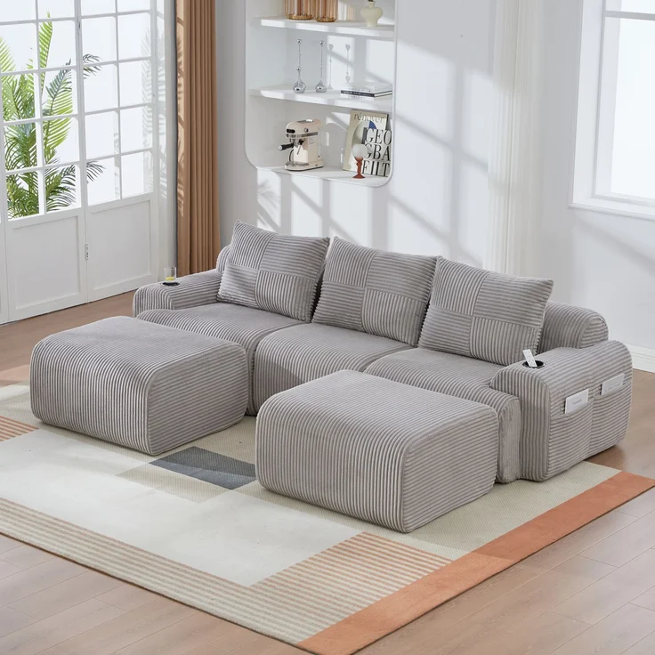 DESVIAE Sofa modular mit Getränkehalter und Seitentasche 268x80x174 cm Cord Hellgrau – Bild 2