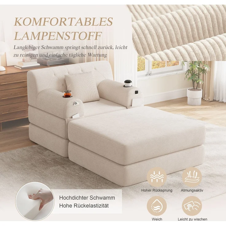 ZUBALIYA Schlafsofa 162x81 cm, mit Stauraum, mit Samtbezug, mit Cordbezug, mit Knopfheftung, mit breiten Armlehnen, Beige – Bild 6