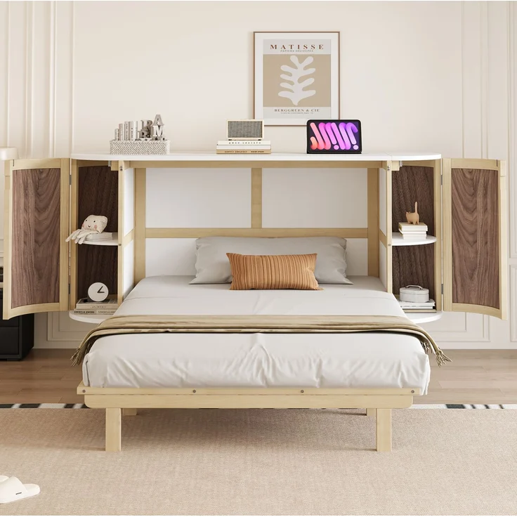 Wandschrankbett 140x200 cm, klappbar, mit Staufächern und Rattan-Front in Naturholz/Weiß – Bild 4