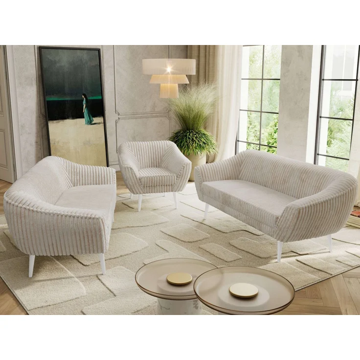 Wohnzimmerset, Möbelset PIRS 3-3-1, Armlehnen, Wellenfederung, weiße Füße, Dreisitzer Sofas mit Sessel, Polstermöbel Set - Beige Cord – Bild 4