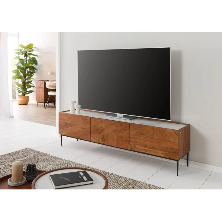 TV-Board Akazie 180 x 40 x 50 natur lackiert / Marmor weiß KARLSTAD #05 – Bild 3