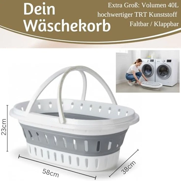 LS-LebenStil Wäschekorb XL Flexibler Wäschekorb 25L 58 x 38 x 28 cm faltbar mit Griff Faltkorb (Henkel klappbar stabiler Boden tragbarer flexibler Faltkorb Faltwanne Wäschewanne Einkaufskorb zusammenklappbarer Picknickkorb Camping, 1 St, TRT Kunststoff - fl... – Bild 2